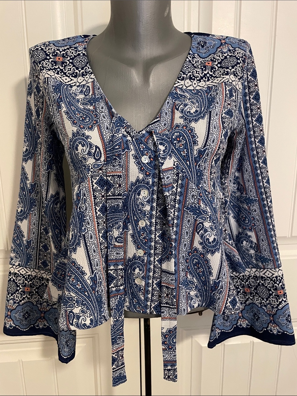 Everly Blue & White Paisley Tie-Front Blouse